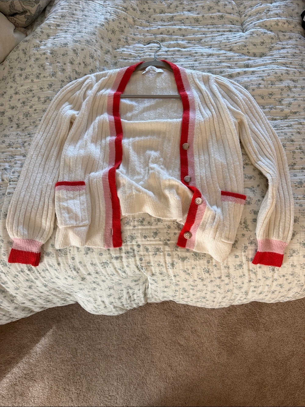 LOFT Cream Cardigan with Red Trim and Pink Cuff Accents